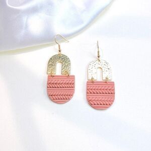 Boho Rainbow Gold and Coral Braided Clay Drop Earrings Lightweight Art to Wear